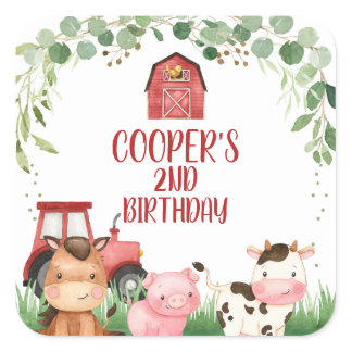 Red Barn Tractor Farm Birthday Favor Sticker