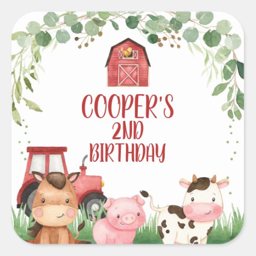 Red Barn Tractor Farm Birthday Favor Sticker