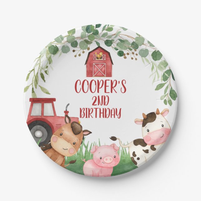 Red Barn Tractor Farm Birthday Party Paper Plate (Front)