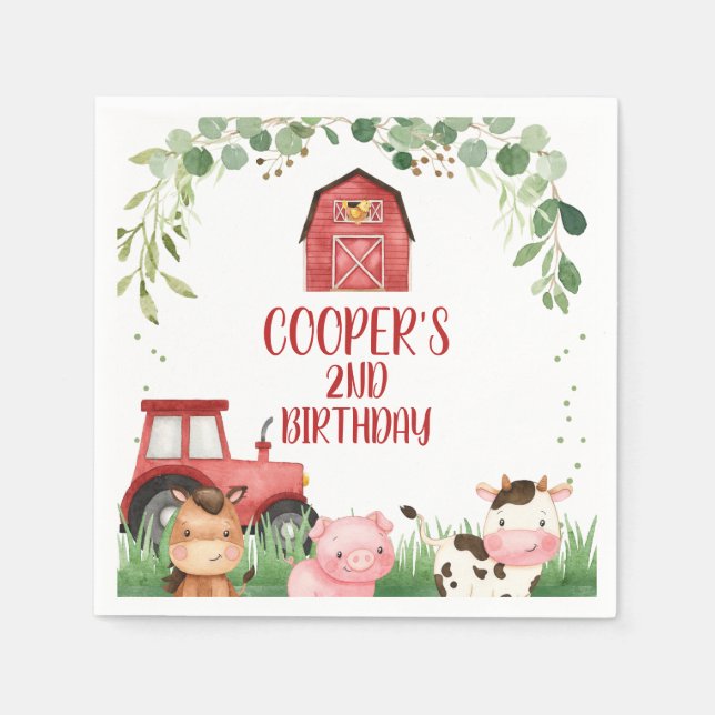 red Barn Tractor Farm Foliage Birthday Napkins (Front)