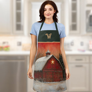 Red Barn w Star n Winter Trees Farmhouse Monogram Apron