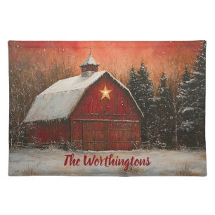 Red Barn w Star n Winter Trees Farmhouse Monogram Cloth Placemat