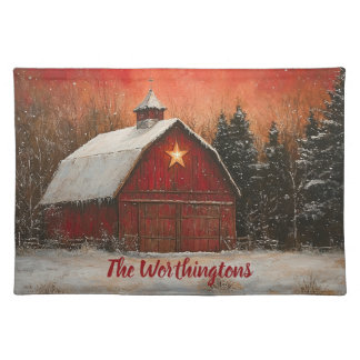 Red Barn w Star n Winter Trees Farmhouse Monogram Cloth Placemat