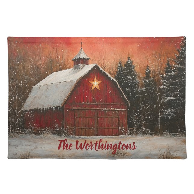 Red Barn w Star n Winter Trees Farmhouse Monogram Cloth Placemat (Front)