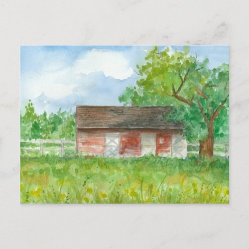 Red Barn Watercolor Country Landscape Art Postcard