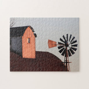 Red Barn & Windmill rustic photo Jigsaw Puzzle