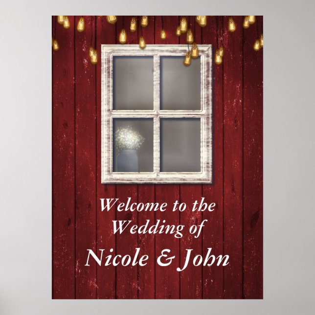 Red Barn Window & Lights Rustic Banner Poster (Front)