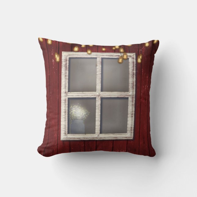 Red Barn Window & Lights Rustic Country Farmhouse Throw Pillow (Front)