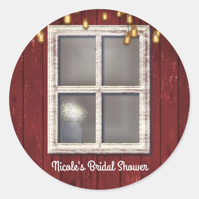 Red Barn Window & Lights Rustic Country Favor Classic Round Sticker (Front)