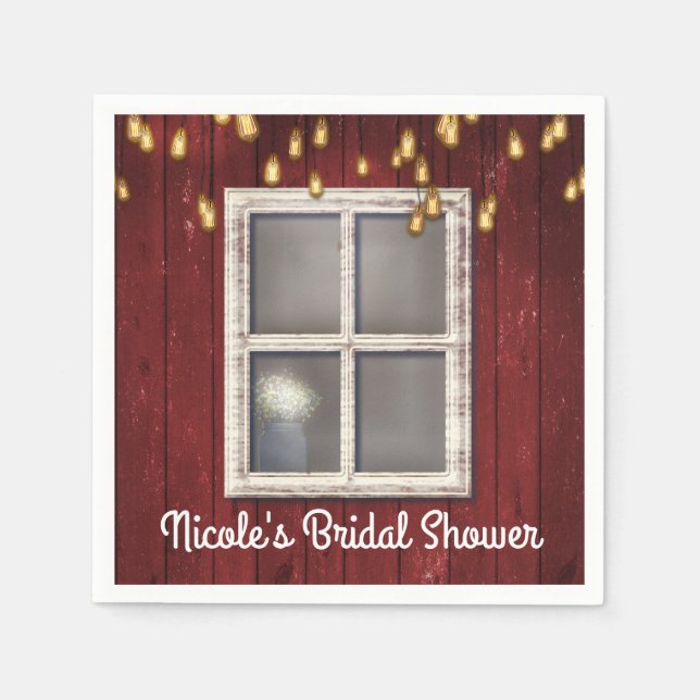 Red Barn Window & Lights Rustic Country Wedding Paper Napkins (Front)