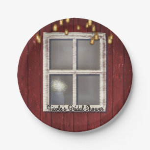 Red Barn Window & Lights Rustic Country Wedding Paper Plates