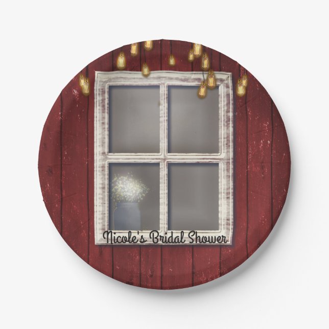 Red Barn Window & Lights Rustic Country Wedding Paper Plates (Front)