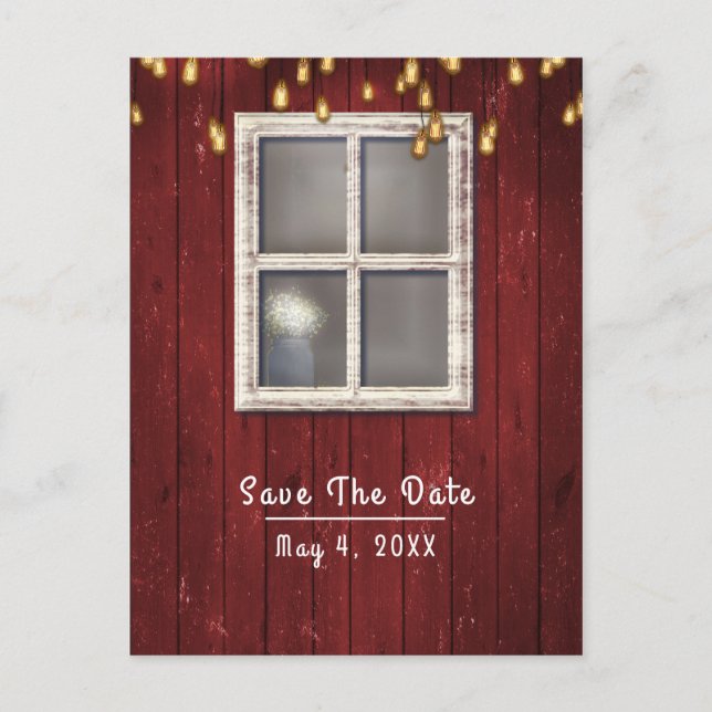 Red Barn Window & Lights Rustic Save the Date Announcement Postcard (Front)