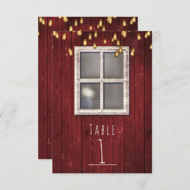 Red Barn Window & Lights Rustic Table Number (Front/Back)