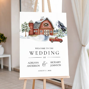 Red Barn Winter Christmas Wedding Welcome Sign