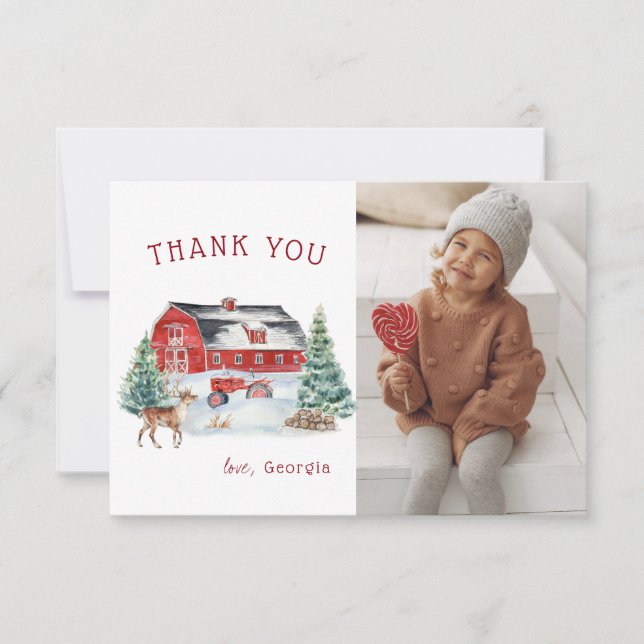 Red Barn | Winter Farm Themed Birthday Thank You Card (Front)