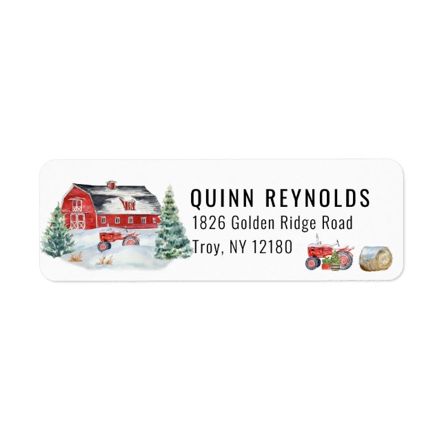 Red Barn | Winter Farm Themed Return Address Label (Front)