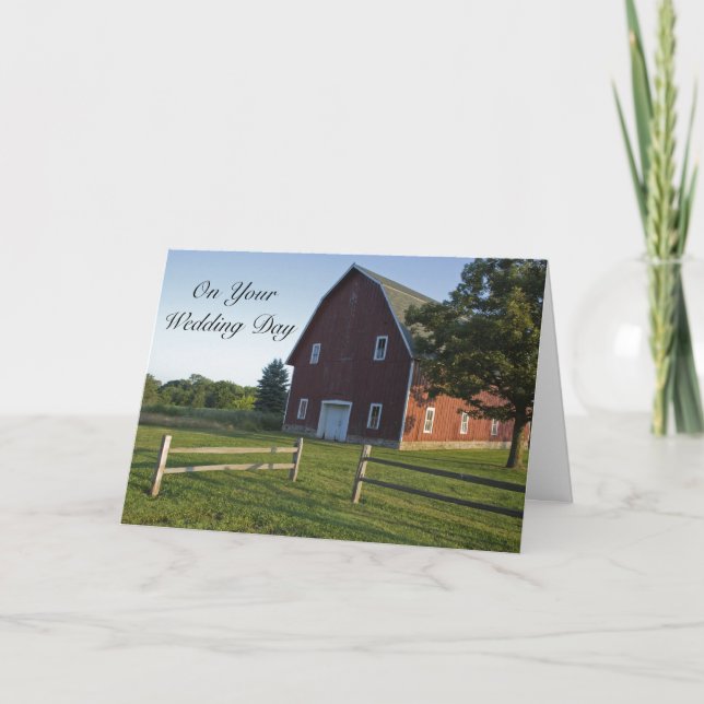 Red Barn with Fence Blended Family Wedding Card (Front)