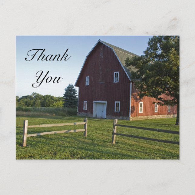 Red Barn with Fence Country Thank You Postcard (Front)