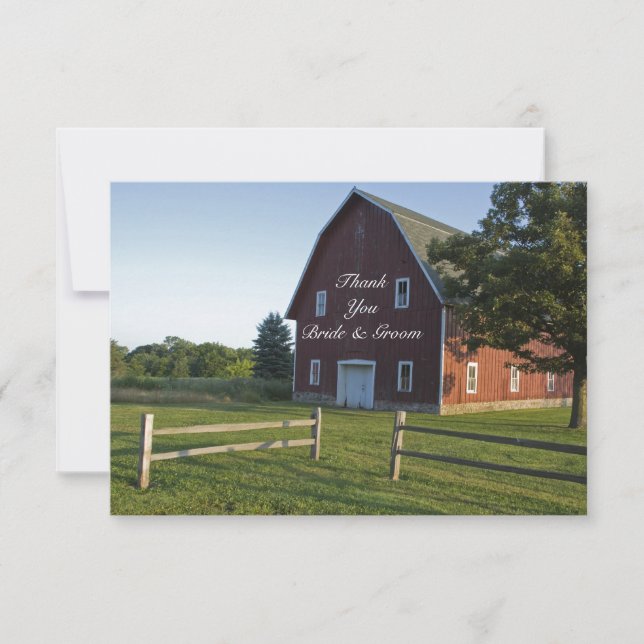 Red Barn with Fence Country Wedding Thank You Note (Front)