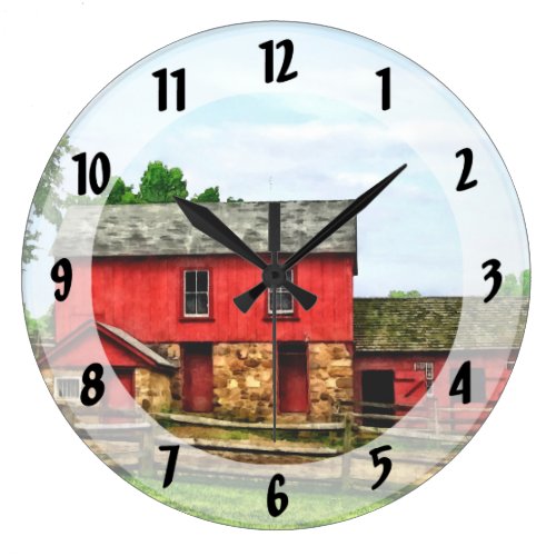 Red Barn with Fence Large Clock