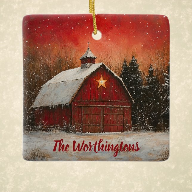 Red Barn with Star and Trees Farmhouse Monogram Ceramic Ornament (Creator Uploaded)