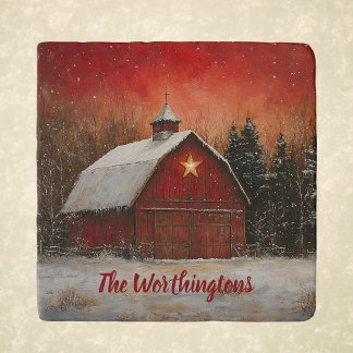 Red Barn with Star and Trees Farmhouse Monogram Trivet