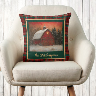Red Barn with Star n Snow Farmhouse Monogram Plaid Throw Pillow