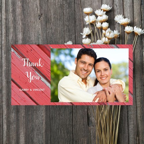 Red Barn Wood Country Wedding Thank You Photo Card