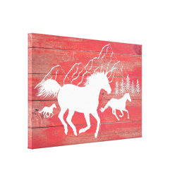 Red Barn Wood Galloping Horses Silhouette Canvas Print