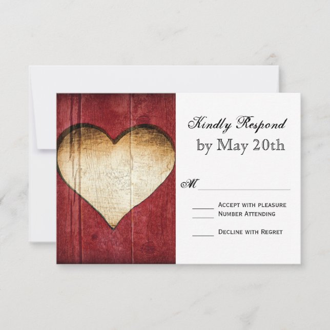Red Barn Wood Heart Country Wedding RSVP Cards (Front)