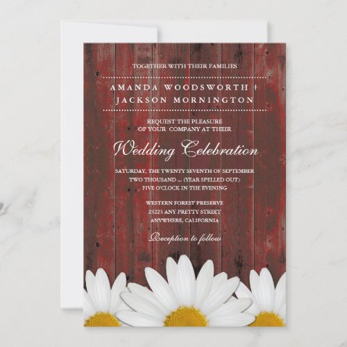 Red Barn Wood Rustic Daisy Wedding Invitations