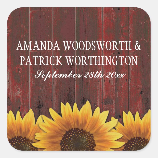 Red Barn Wood Rustic Sunflower Wedding Favors Square Sticker (Front)
