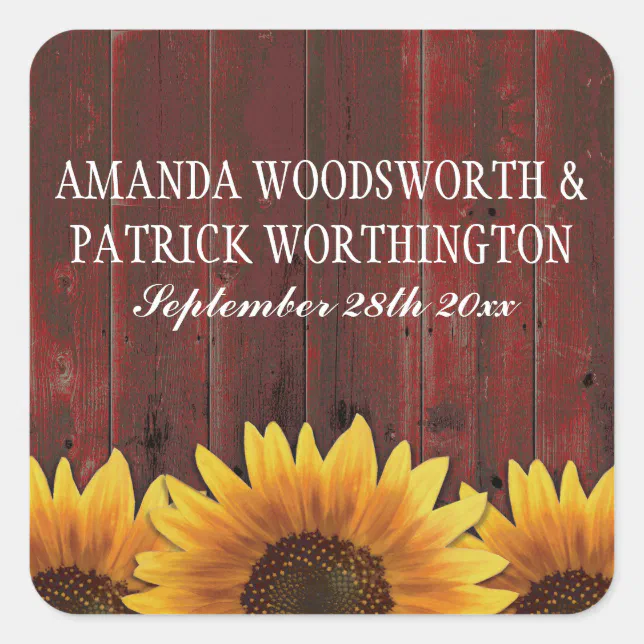 Red Barn Wood Rustic Sunflower Wedding Favors Square Sticker | Zazzle