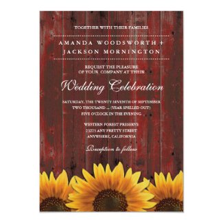 Red Barn Wood Rustic Sunflower Wedding Invitation