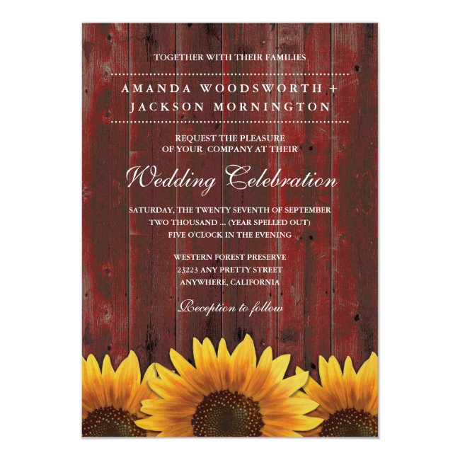 Red Barn Wood Rustic Sunflower Wedding Invitations