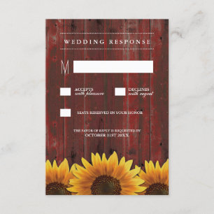 Red Barn Wood Rustic Sunflower Wedding RSVP Cards