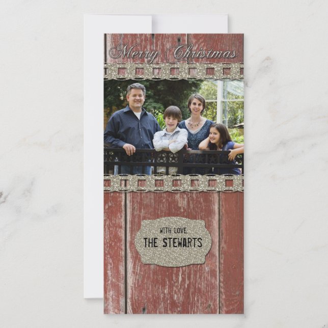 Red Barn Wood Silver Country Photo Christmas Card (Front)