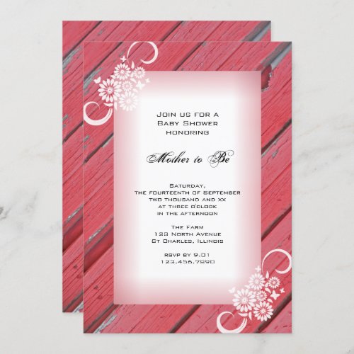 Red Barn Wood with Flowers Baby Shower Invitation