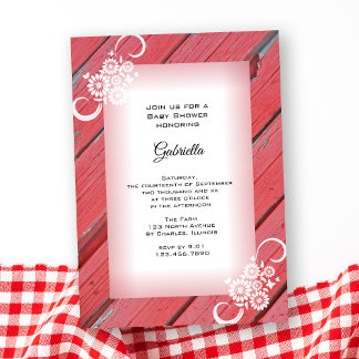 Red Barn Wood with Flowers Baby Shower Invitation
