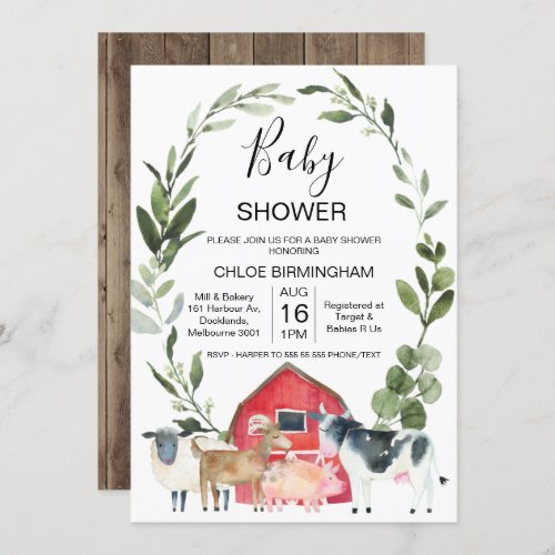 Red Barn Wreath Farm Animals Baby Shower Invitation