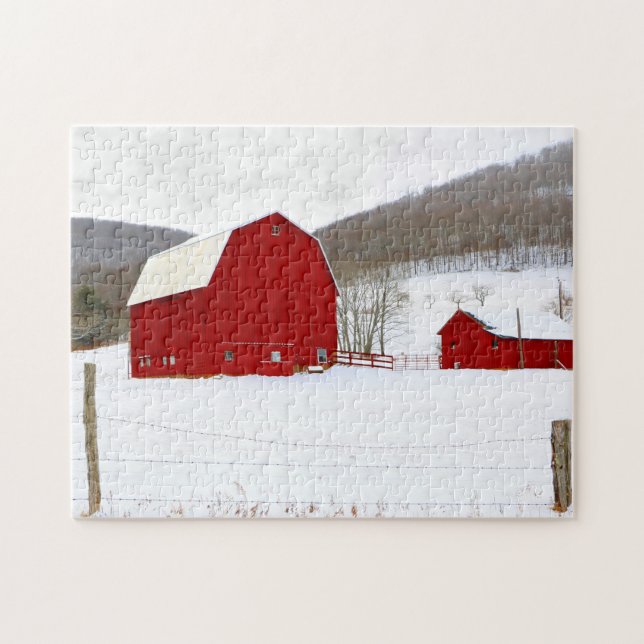 Red Barns in a Snowy Winter Scene Family Fun Time Jigsaw Puzzle (Horizontal)