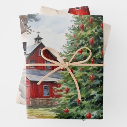 Red Barns Winter On the Old Fashioned Farm Wrapping Paper Sheets