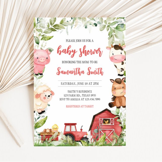 Red Barnyard Farm Baby Shower  Invitation (Boy Red Barnyard Animals Baby Shower Invitation)