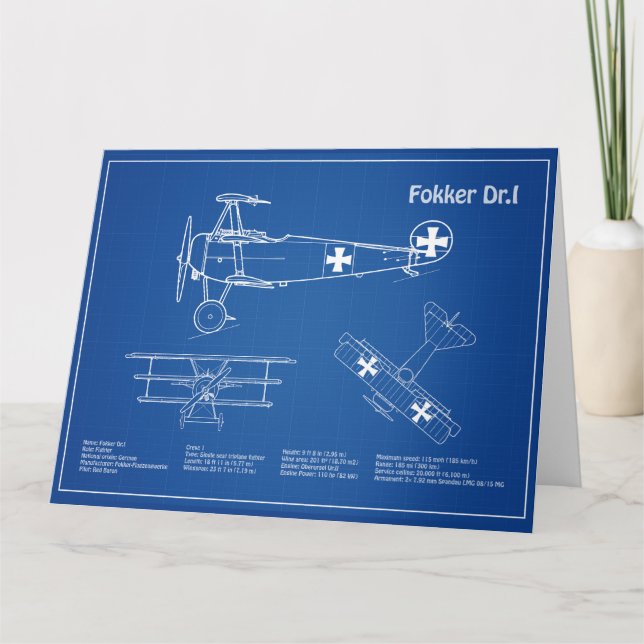 Red Baron Fokker Dr.1 - Airplane Blueprint AD Thank You Card (Front)
