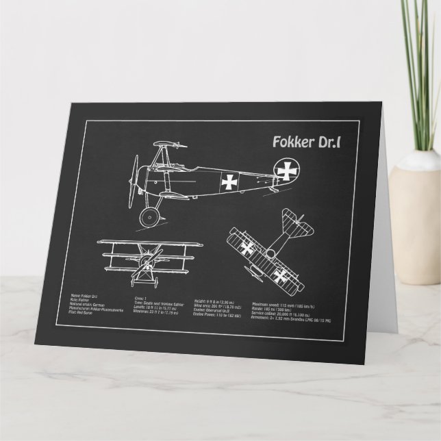 Red Baron Fokker Dr.1 - Airplane Blueprint PD Thank You Card (Front)