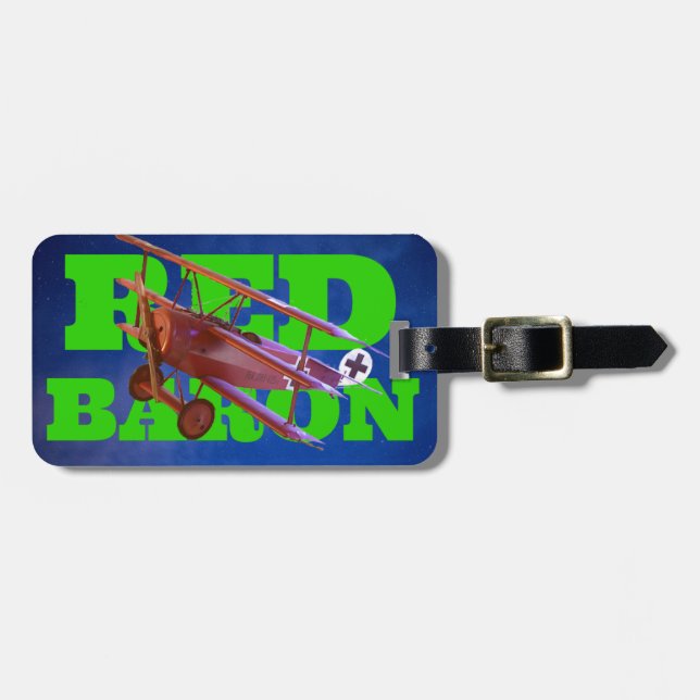 Red Baron Triplane & Green Text Luggage Tag (Front Horizontal)