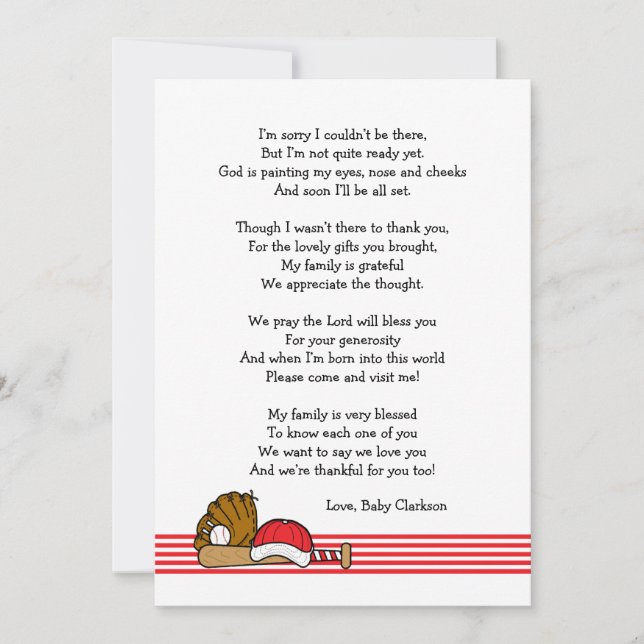 Red Baseball Baby Shower Thank you note with poem (Front)