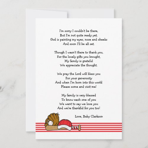 Red Baseball Baby Shower Thank you note with poem