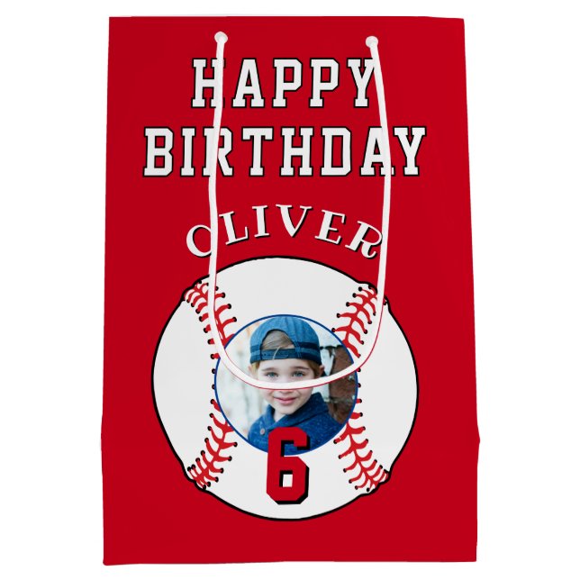 Red Baseball Ball Kids Birthday Photo Medium Gift Bag (Back)